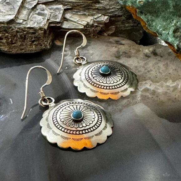 Native American Sterling Turquoise Dot Flower Concho Dangle Earrings For Women - Picture 8 of 10